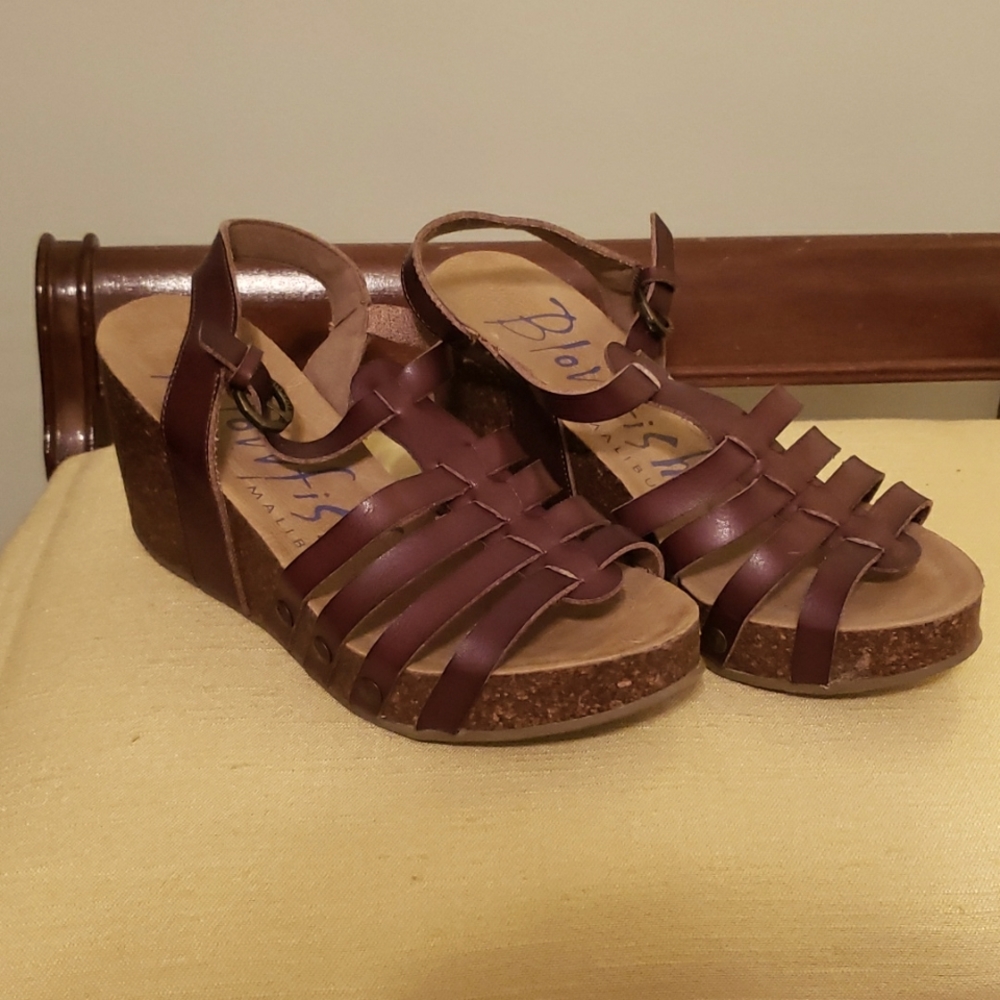 Blowfish Strappy Brown Leather Wedges, Size 8.5